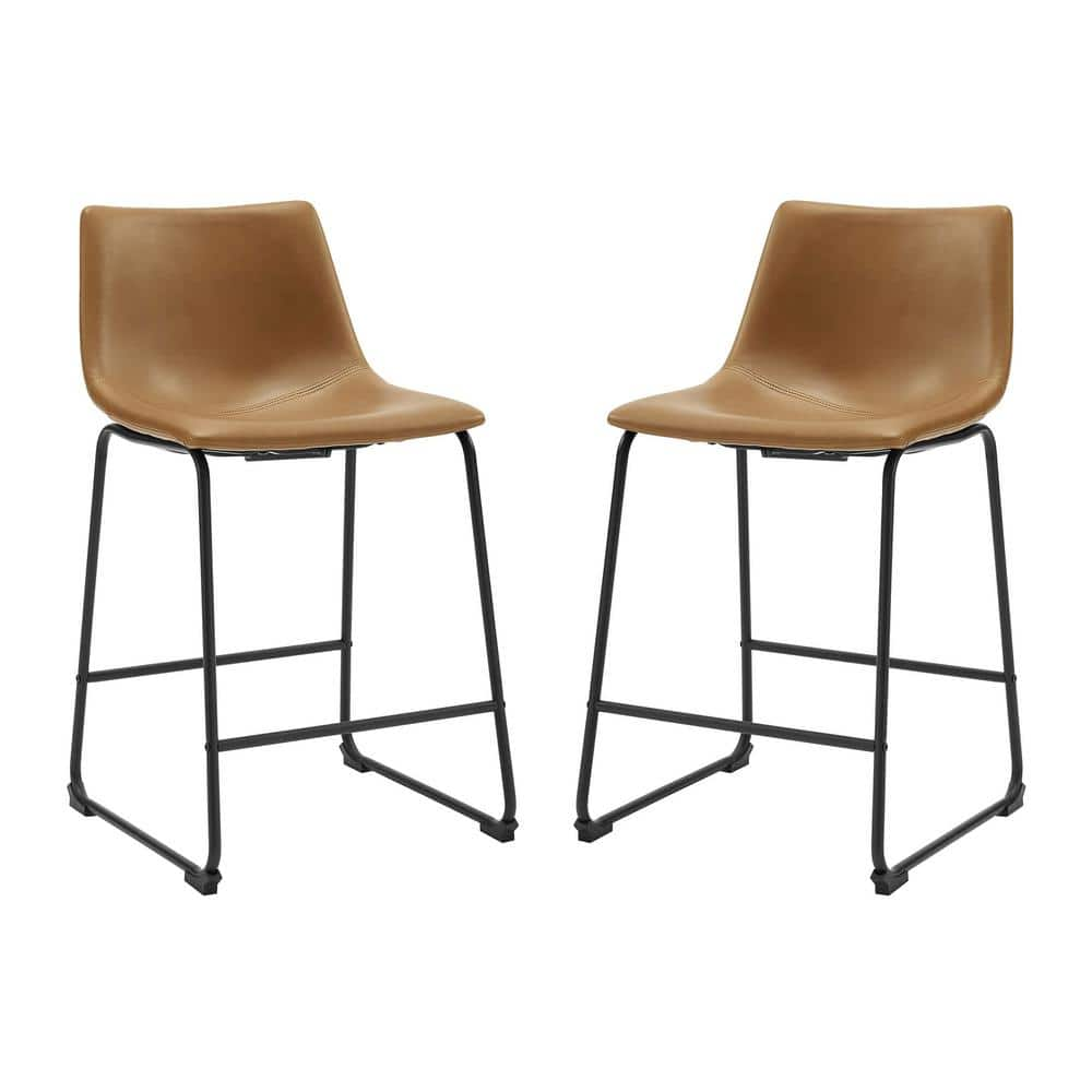 Walker Edison Furniture Company Wasatch 24 in. Whiskey Brown Low Back Metal Frame Counter Height Bar Stool with Faux Leather Seat (Set of 2) HDHL26WB