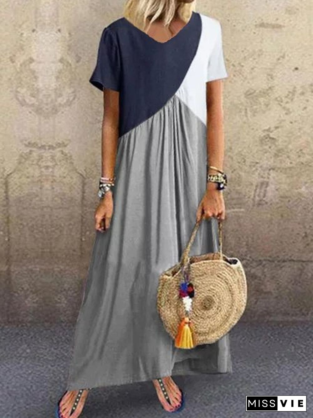 Women Casual Solid Color Cotton V Neck Plus Size Maxi Dresses