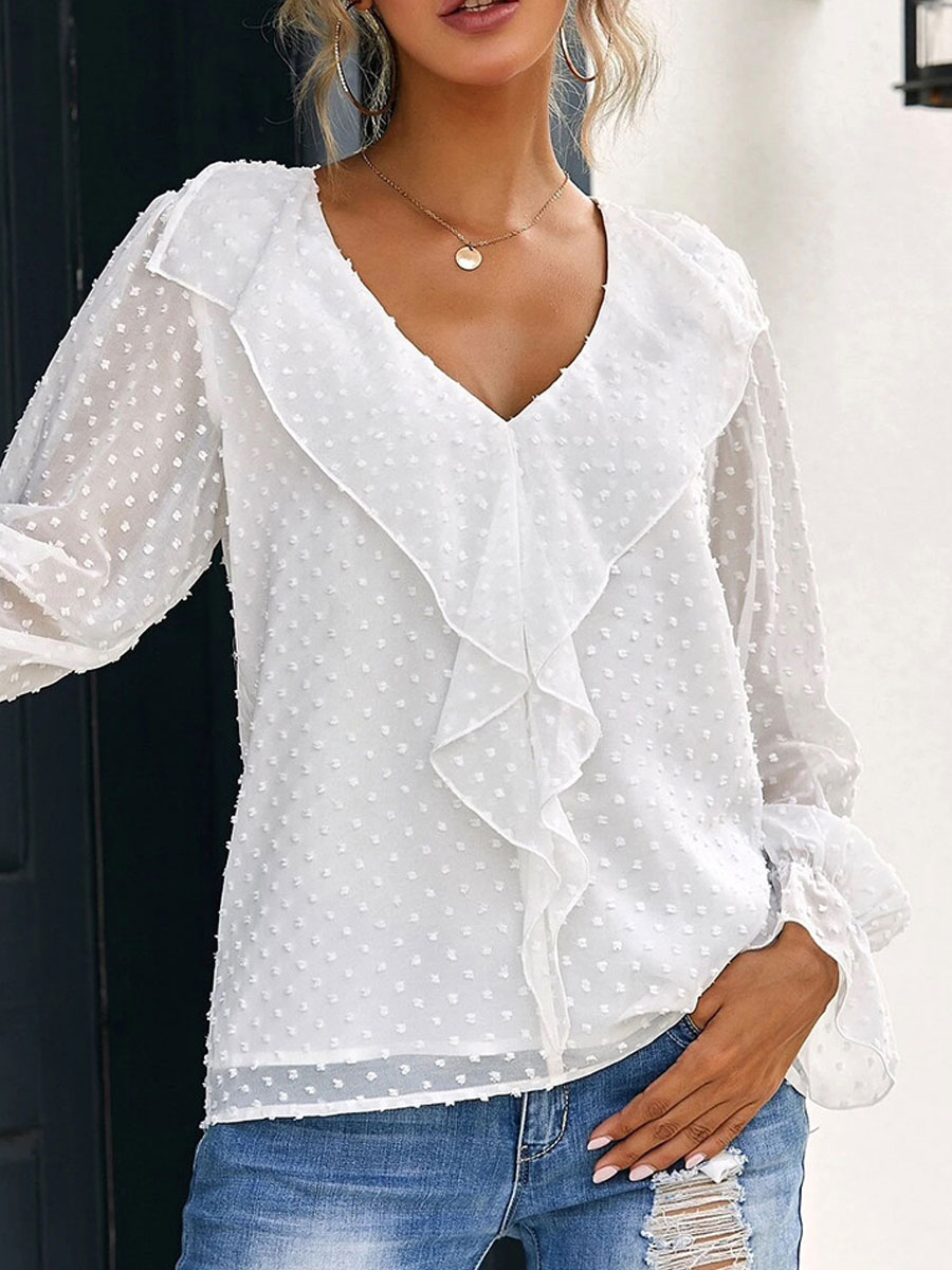 V-neck Casual Loose Jacquard Long-sleeved Blouse