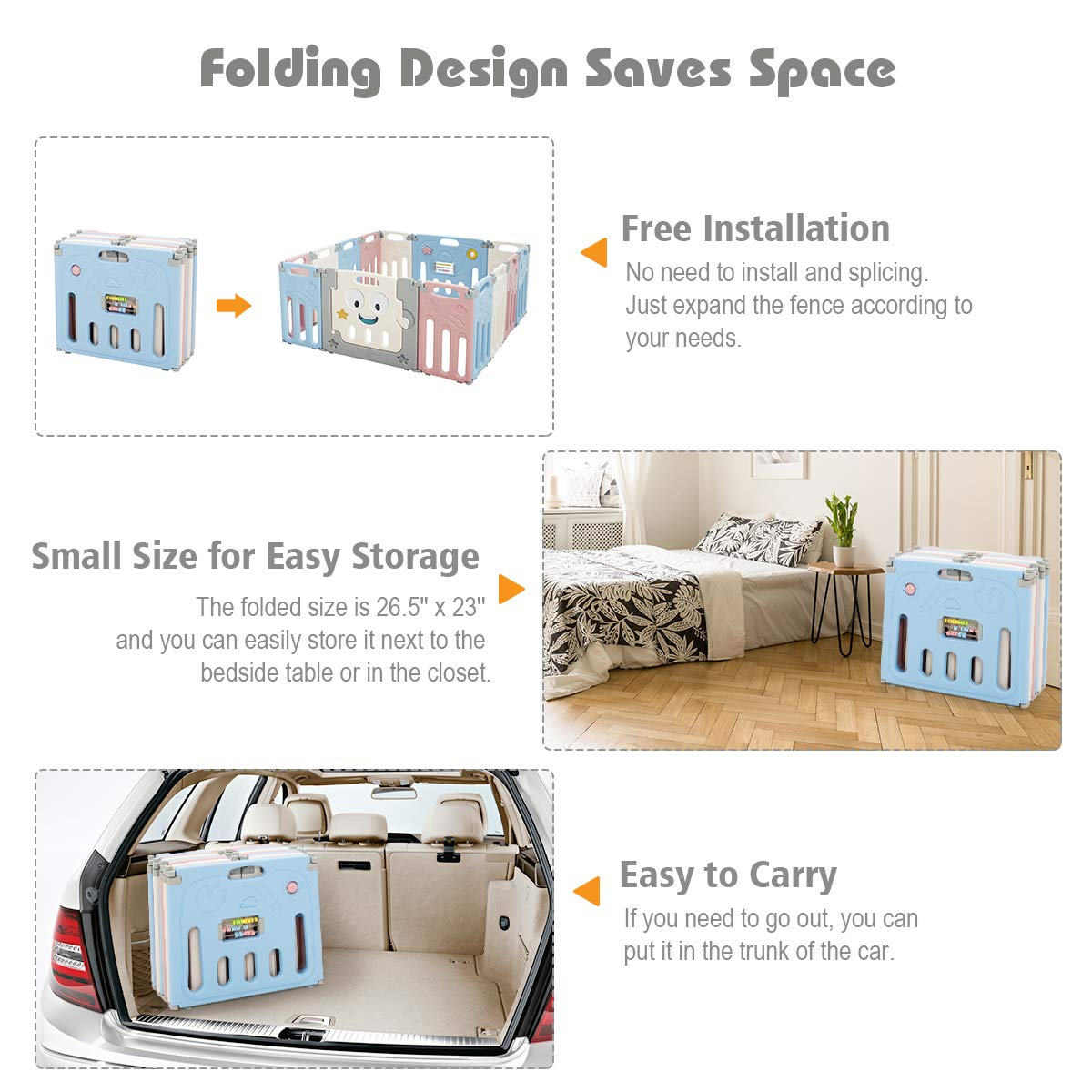 Costzon Foldable Baby Playpen, 14/16-Panel Baby Play Yards with Lock Door & Anti-Slip Rubber Bases