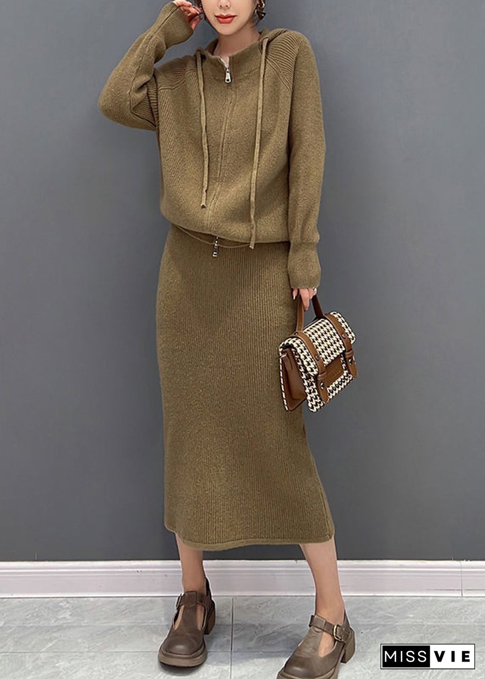 Casual Brown Zippered Hooded Knit Sweaters And Maxi Skirts Two Piece Set Winter