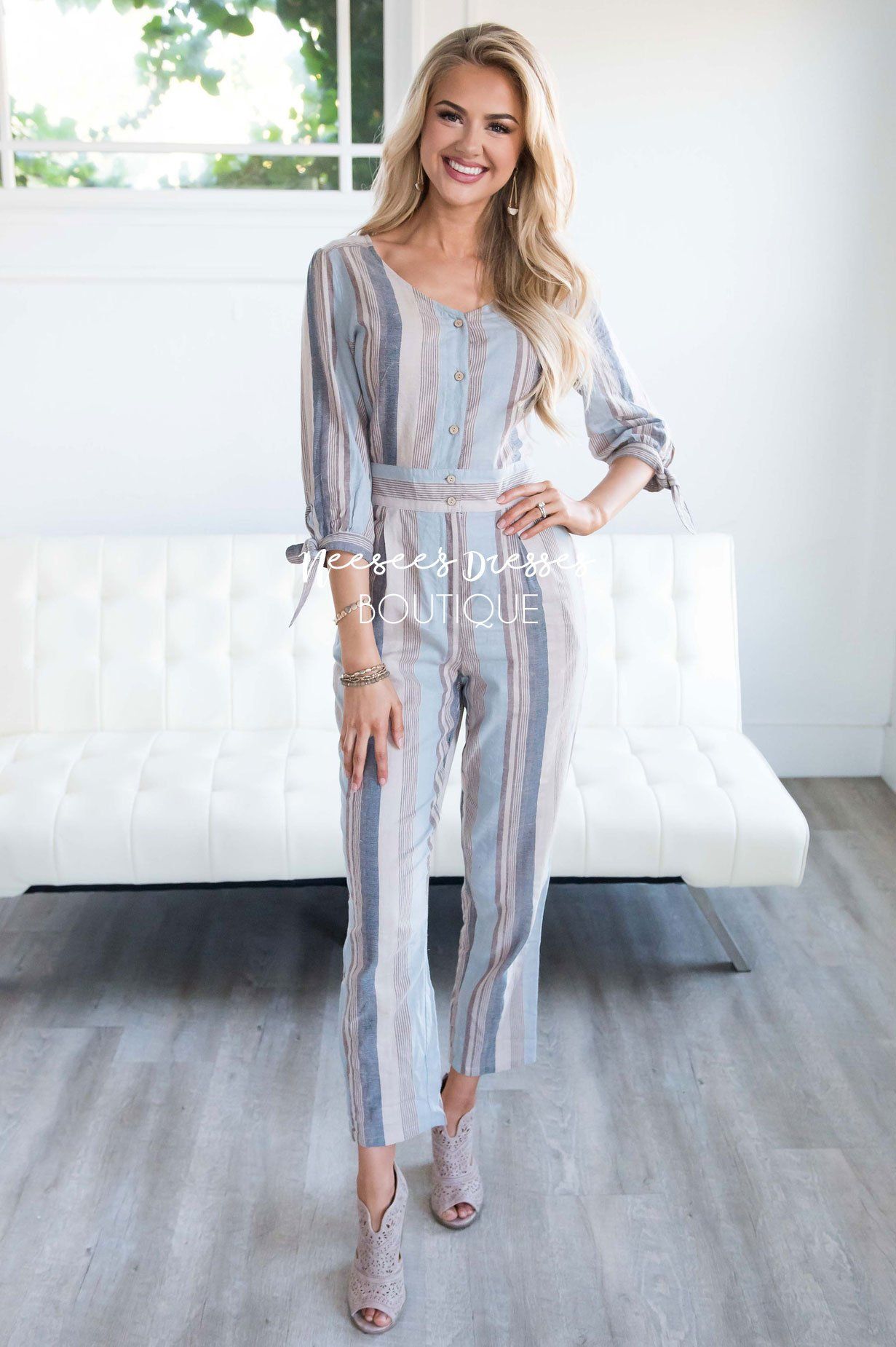 Dusty Blue & Tan Striped Jumpsuit