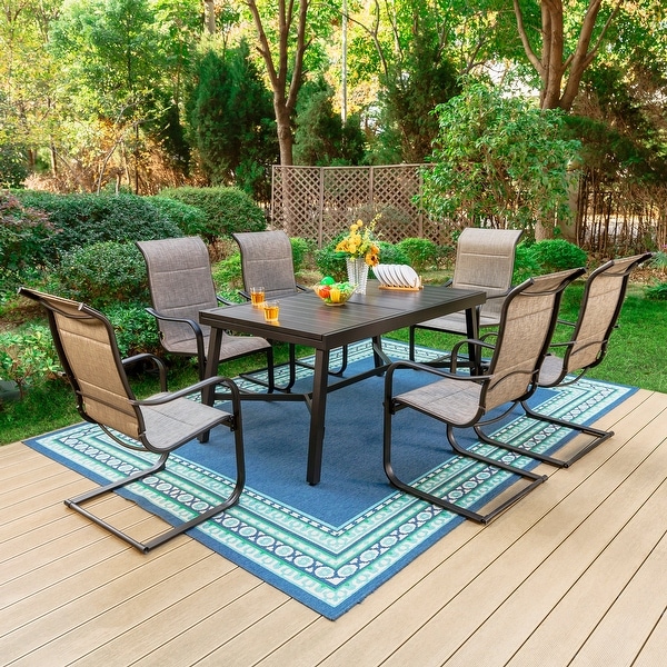 7/9piece Patio Dining Set，Expendable Rectangular Outdoor Dining Table with C Spring Rocking Chairs