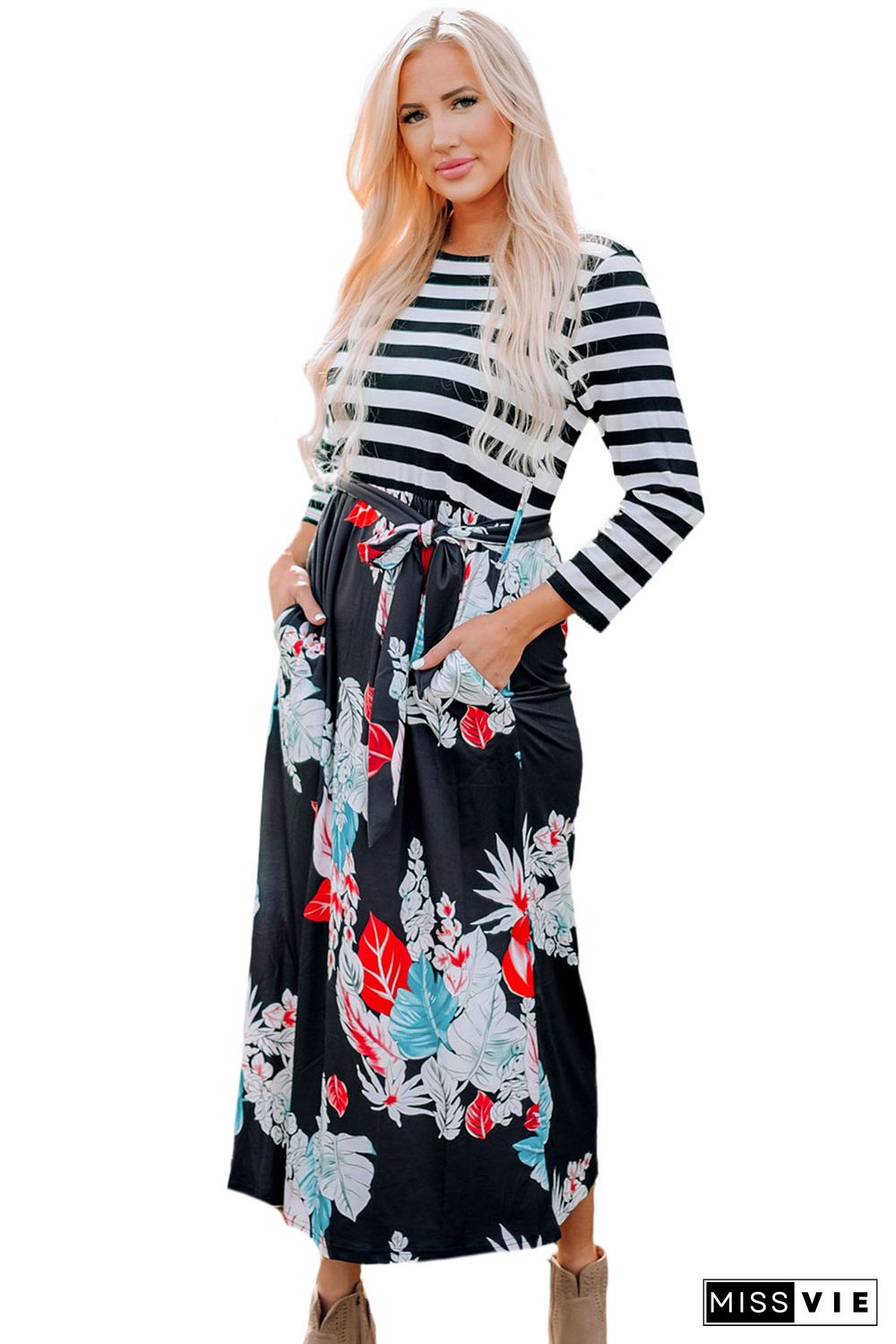 Striped Floral O-Neck Long Dress