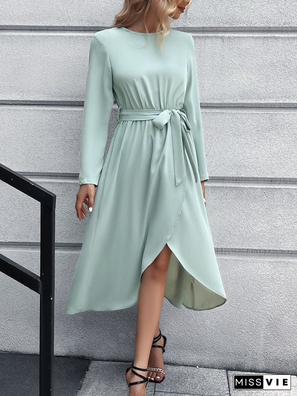 Elegant Fashion Hem Split Dress For Women Spring Dresses Solid Color Lace Up Skinny Long Sleeve A-line Midi Dress