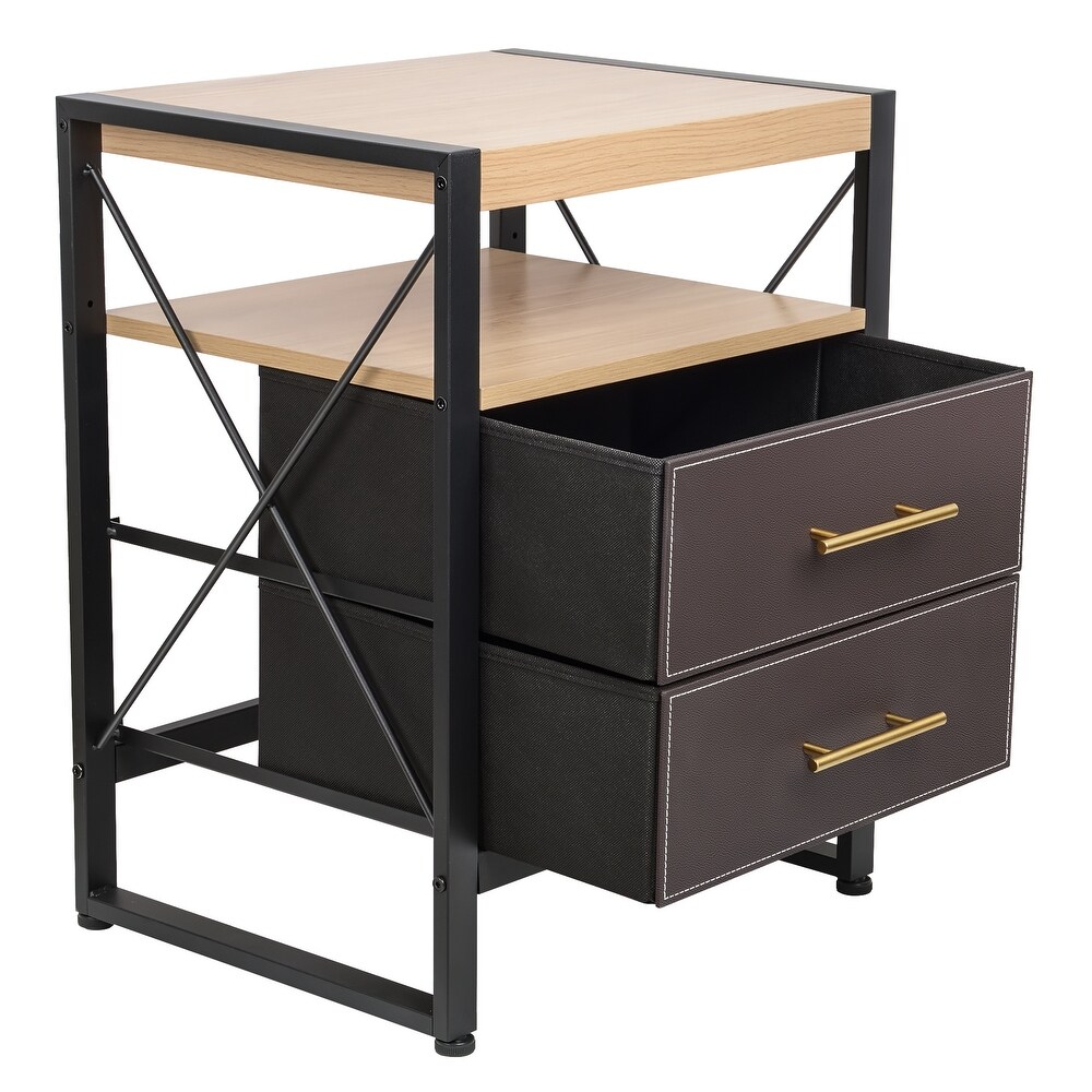 Nightstand End Table w/ 2 Removable Fabric Drawers and Shelf  Black