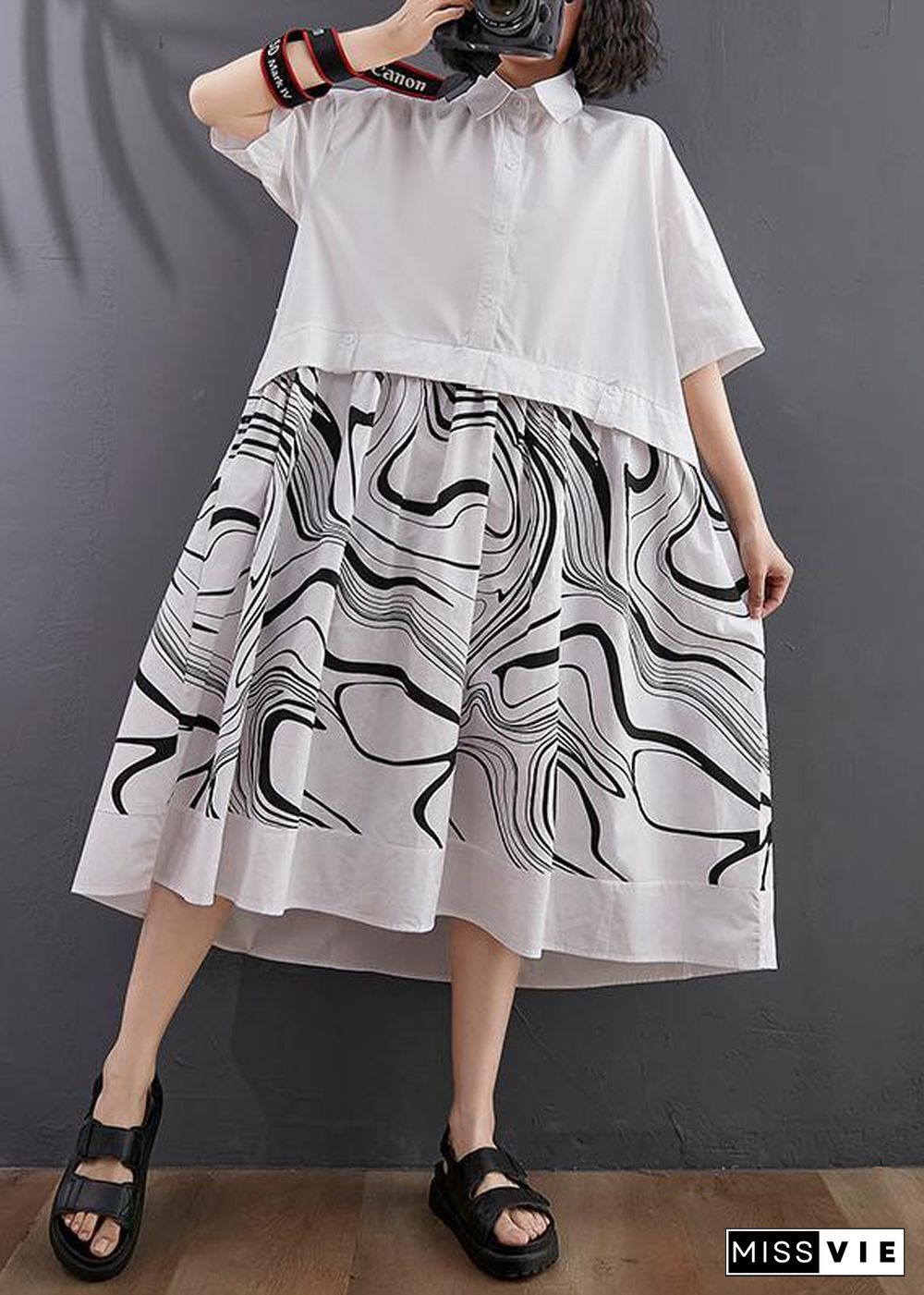 Natural White Print Patchwork Button Mid Dress Summer