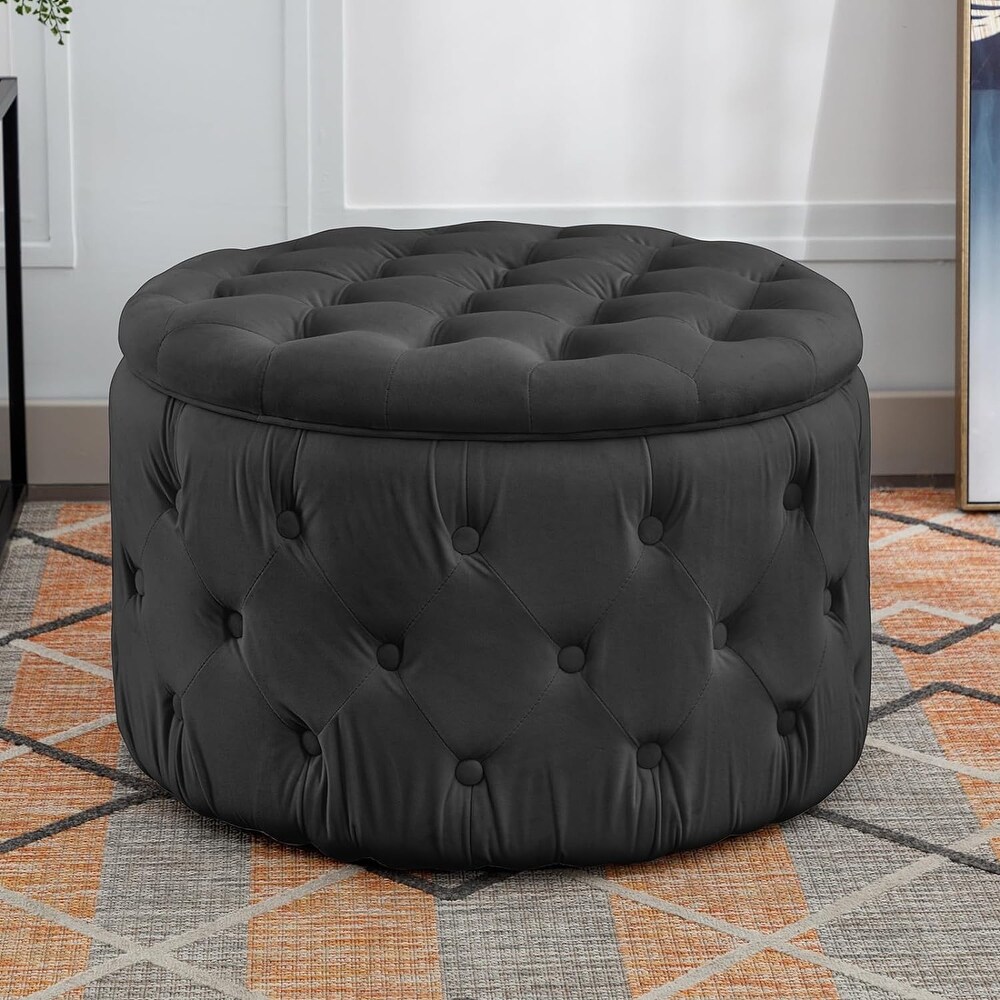 Mixoy Large Round Velvet Storage Ottoman  Button Tufted Footrest Stool