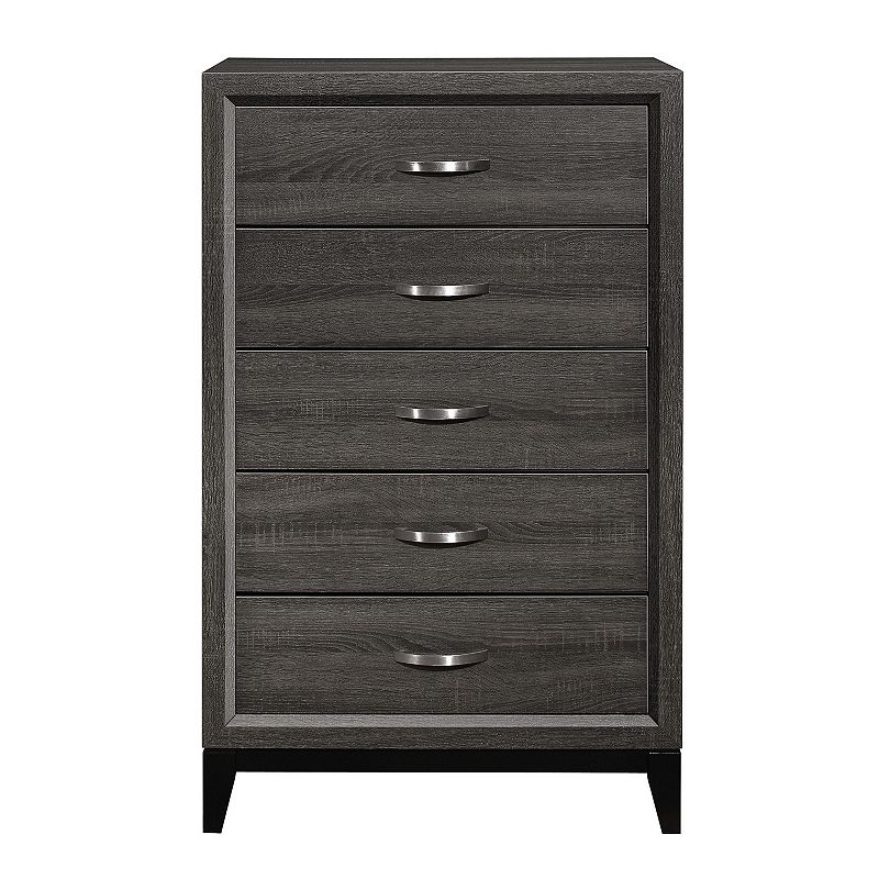 5 Drawer Wooden Chest with Grain Details and Chamfered Feet， Gray