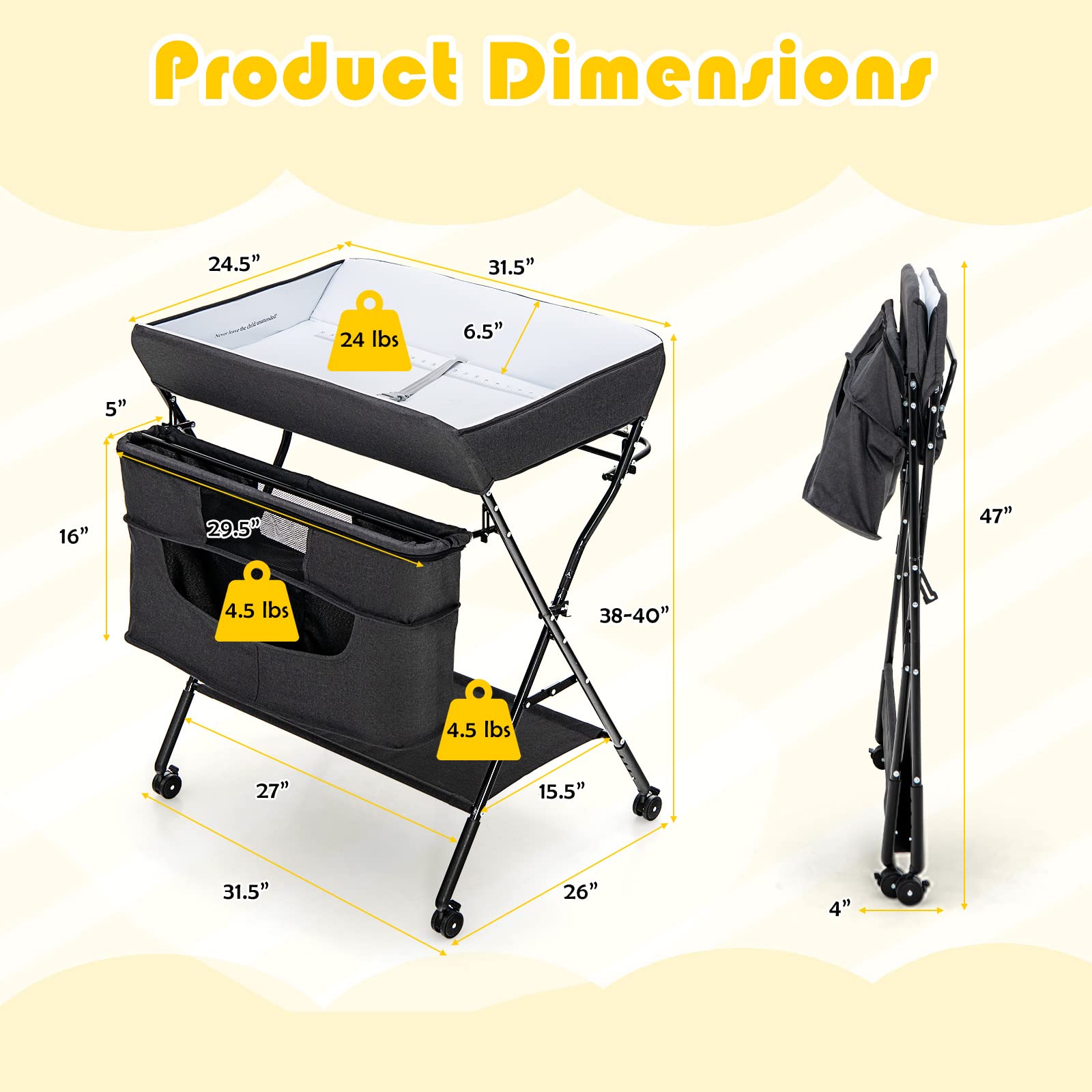 Costzon Portable Baby Changing Table, Height Adjustable Mobile Nursery Station with Waterproof Surface