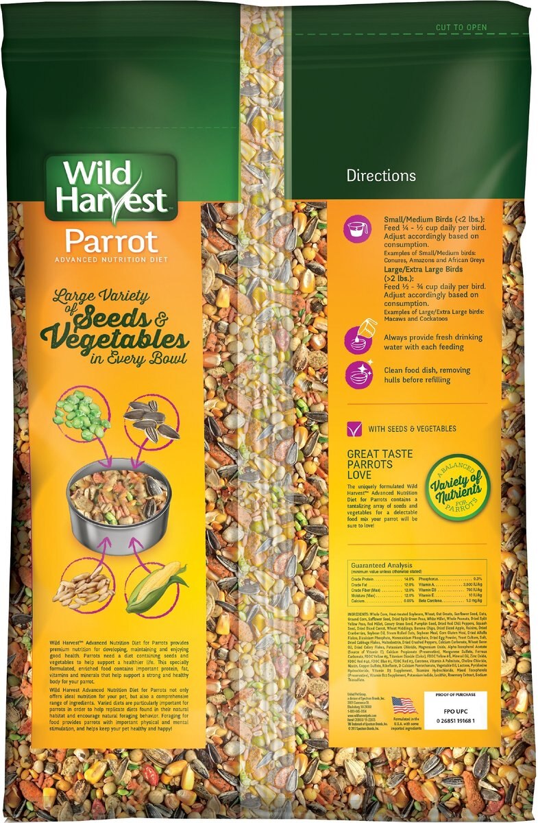 Wild Harvest Advanced Nutrition Seed， Grain and Vegetable Mix Parrot Food， 8-lb bag