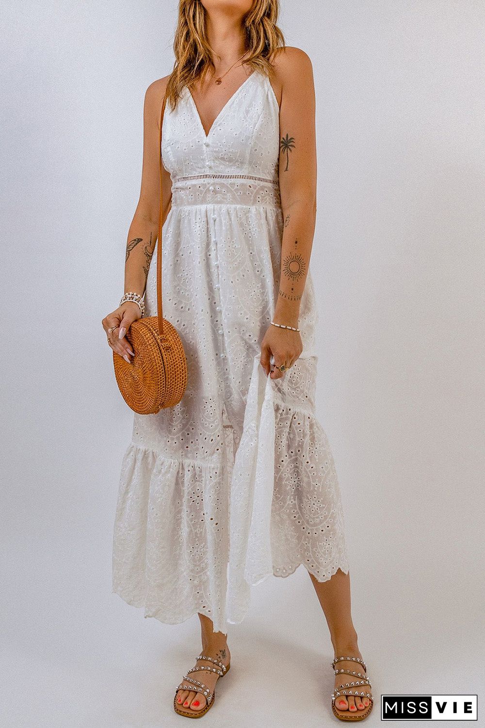 White Embroidered Spaghetti Straps Maxi Dress With Pearls