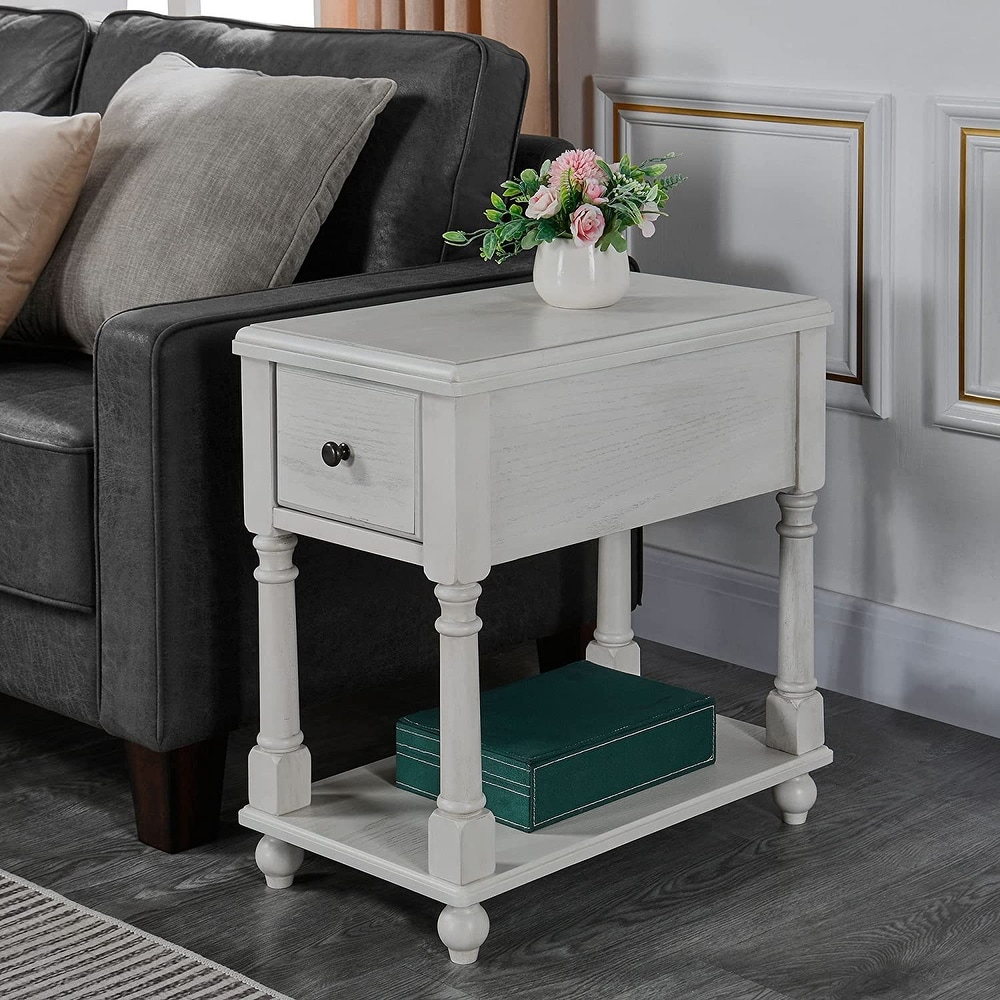 End Table with Drawer  Solid Wood 2 Tier End Side Table