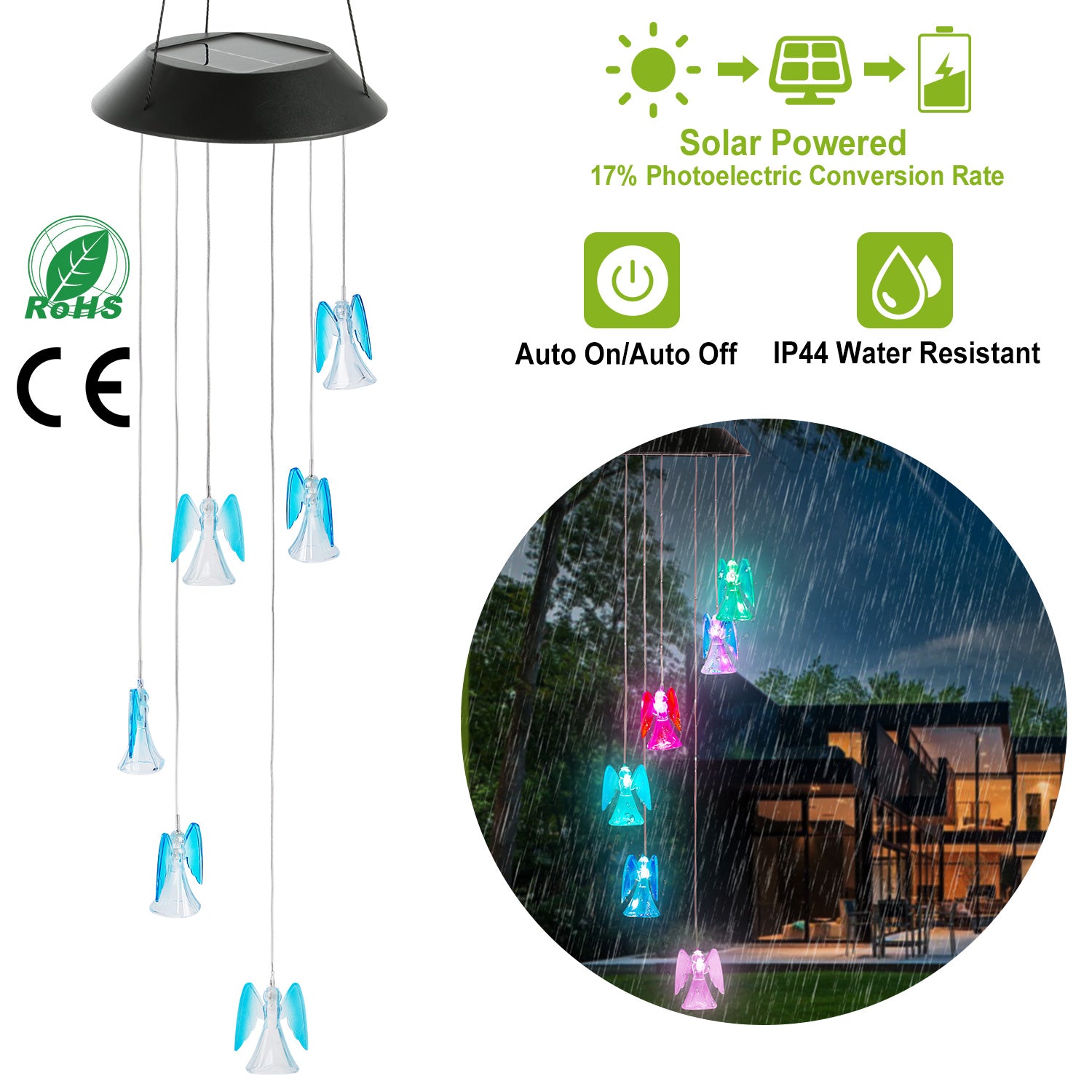 iMounTEK Solar Powered Angel Lights Wind Chimes LED Color Changing Hanging Wind Lamp