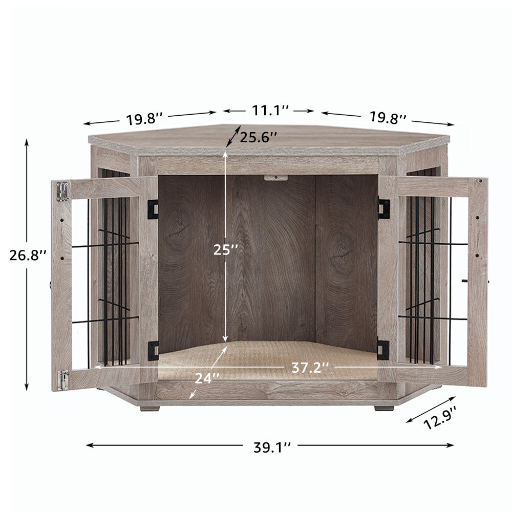 Unipaws Corner Dog Crate Furniture， Wooden Dog Kennel for Dogs Puppy， Pet Crate for Limited Room， Medium， Weathered Gray