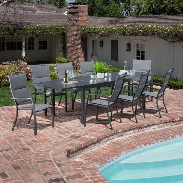 Hanover Naples 9Piece Outdoor Dining Set with 8 Padded Sling Chairs in Gray and a 40