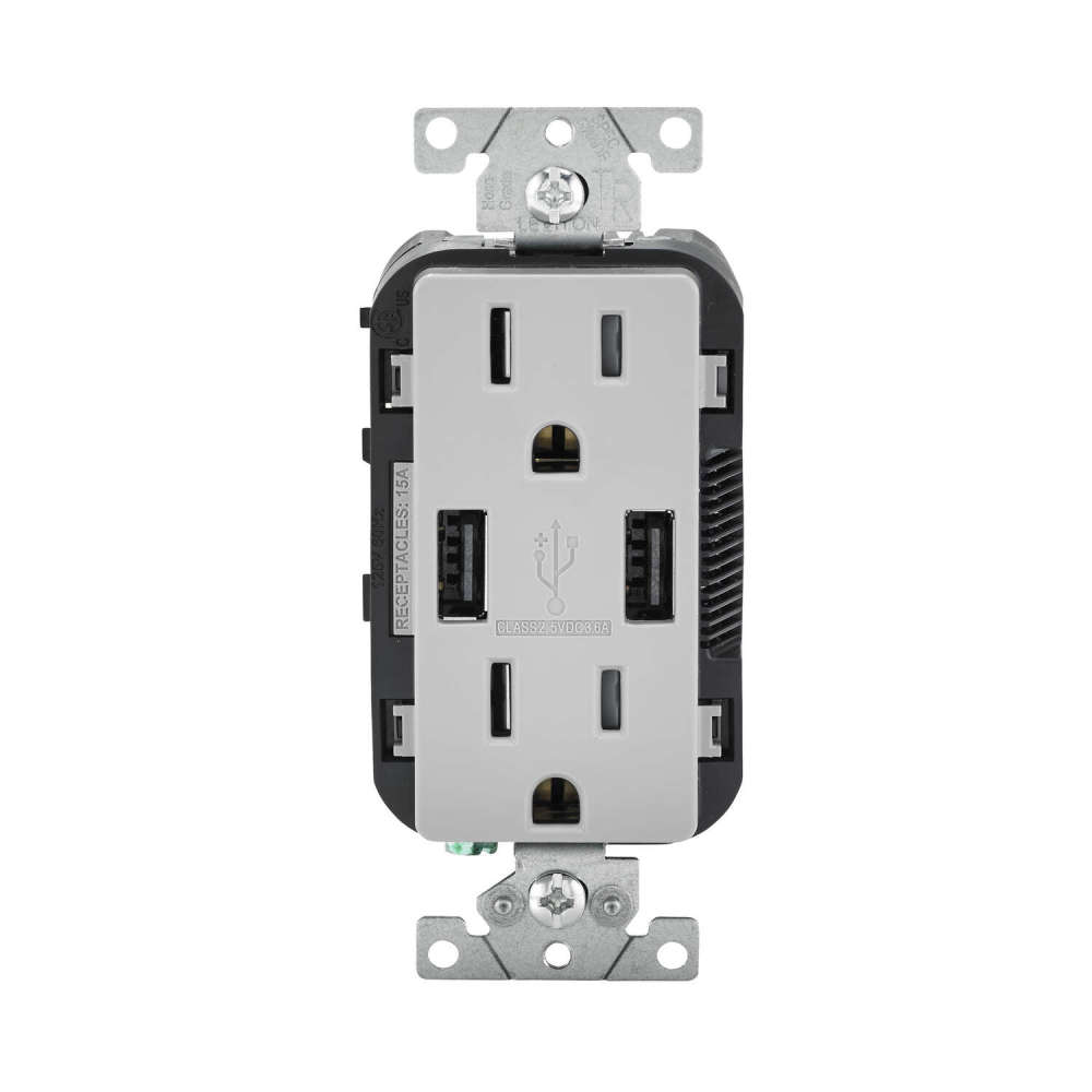 Leviton Decora 15A 125V Gray NEMA 5-15R Outlet and USB Charger