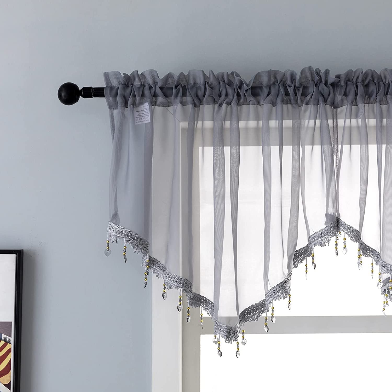 PearAge Curtains Valance for Living Room, Window Sheer Treatment for Kitchen, 51W x 24L Grey 1PC