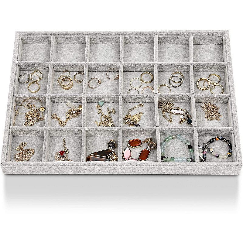 24 Grid Stackable Jewelry Tray (13.5 x 9.5 Inches， Grey Velvet)