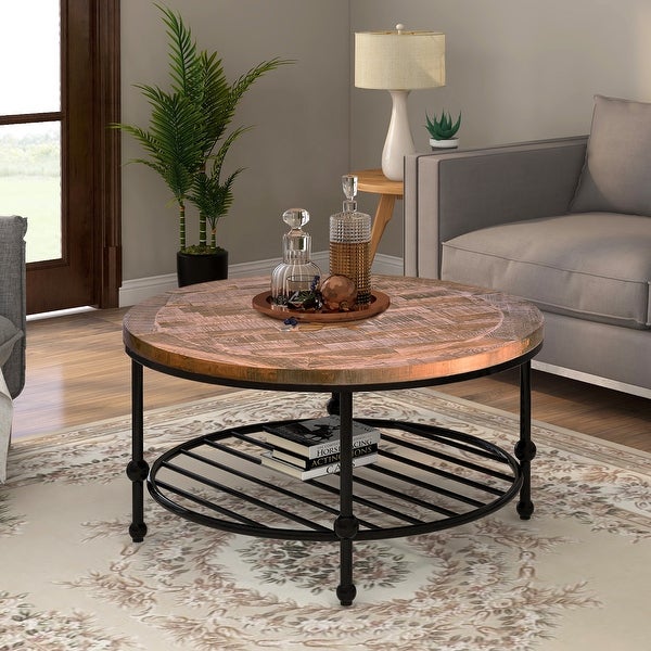 Round Console Table with a Storage Shelf and Solid Iron Support Base， Classic Rustic Coffee Table for Living Room， Easy Assembly