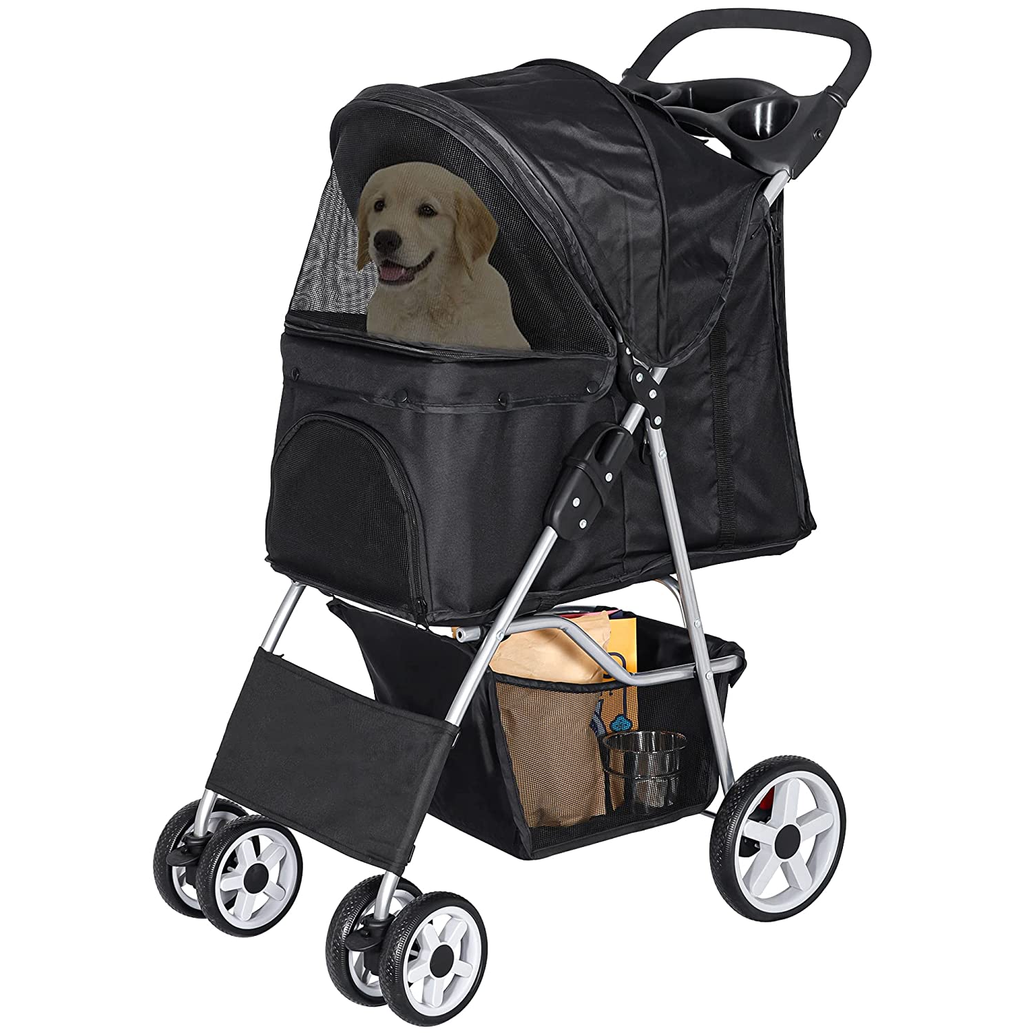 Pet Stroller， 4 Wheel Dog Stroller for Small Medium Dogs and Cats， Easy to Walk Foldable Carrier Strolling Cart with Storage Basket and Cup Holder