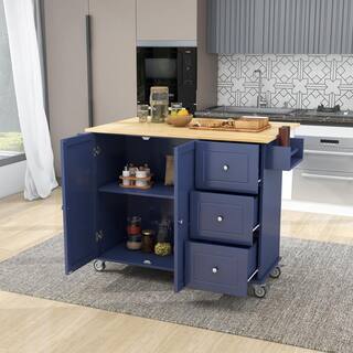 Blue Wood Rolling Mobile 52.7 in. Kitchen Island with Drop Leaf BKPP-billkin-51