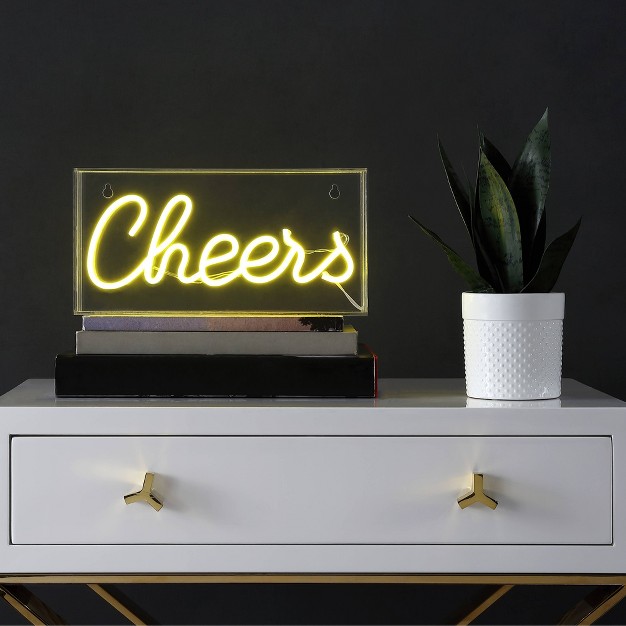 Cheers Contemporary Glam Acrylic Box Pendant includes Led Light Bulb Neon Yellow Jonathan Y