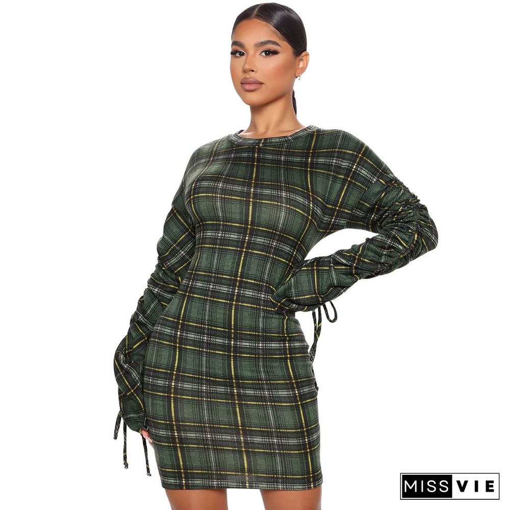 Plaid Print Pleated Sleeves Skinny Pencil Dress