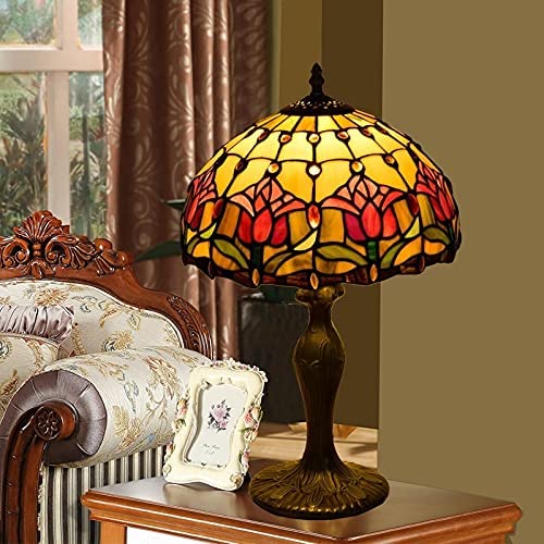 SHADY Tiffany Lamp Stained Glass Lamp Red Tulip Bedroom Table Lamp Reading Desk Light for Bedside Living Room Office Dormitory Dining Room Decorate  12x12x18 Include Light Bulb