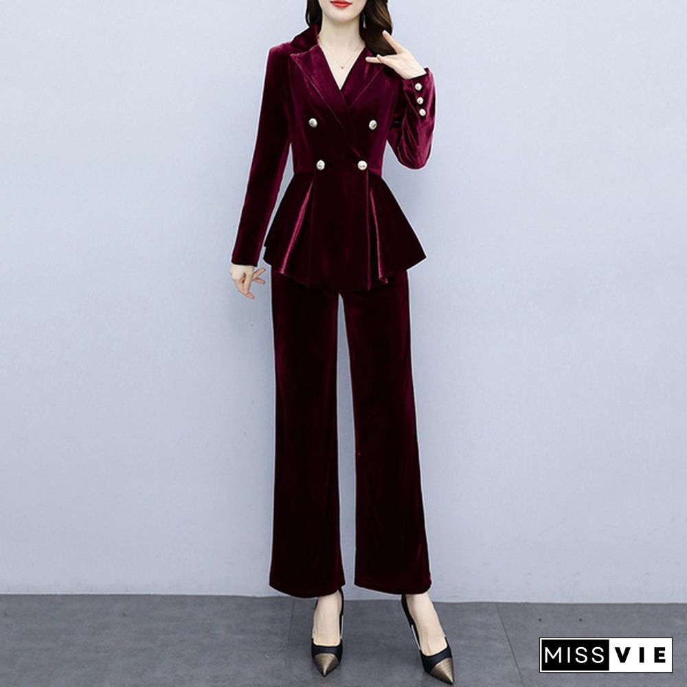 Fashion Women Velvet Peplum Blazer Business Formal Jacket Pants Trousers Suit Set Office Outfits