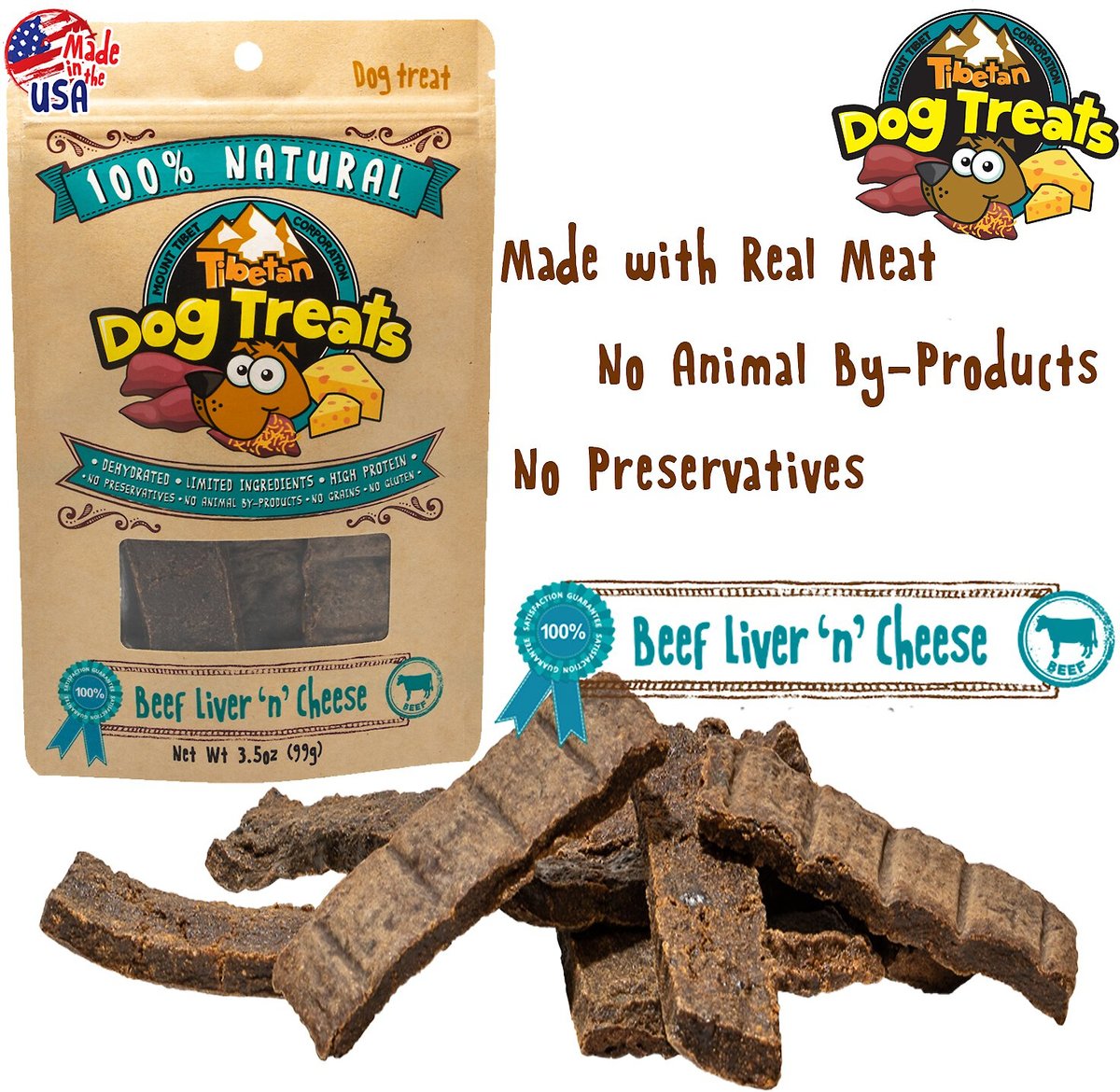 Tibetan Dog Treats Beef Liver 'n' Cheese Grain-Free Dehydrated Dog Treats， 3.5-oz pouch