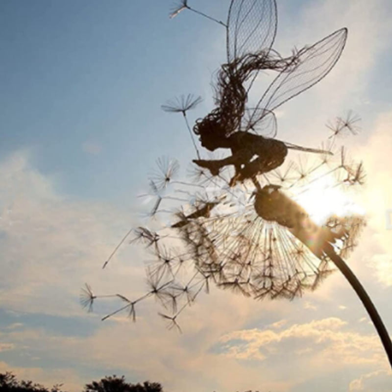 ZIOKOK Garden Deco Fairies And Dandelions Dance Together Metal Lawn Landscape Sculpture