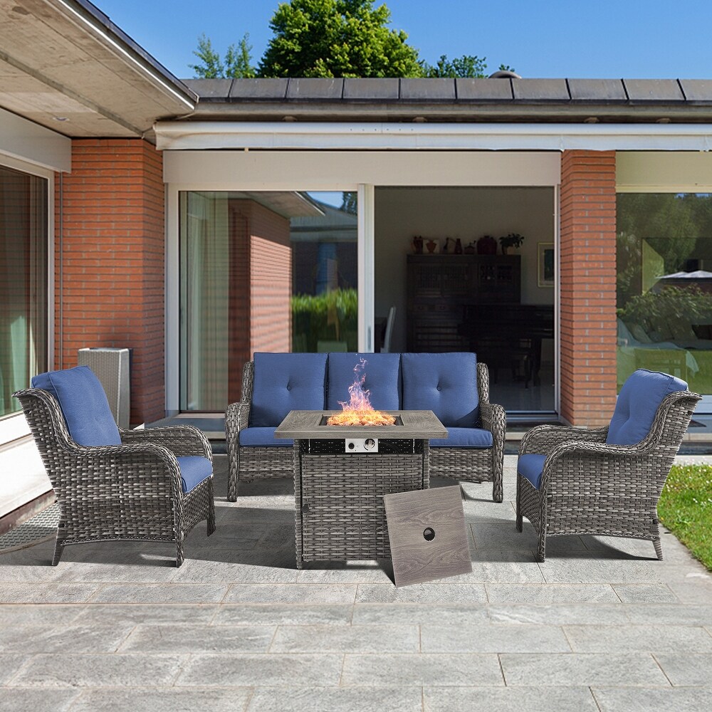 4 piece Outdoor Patio Sofa Chair Set With Fire Pit Table