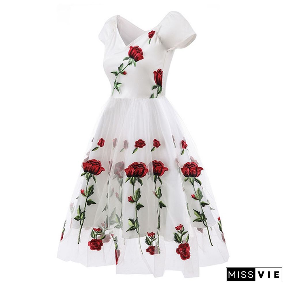 New Spring Summer Evening Dresses Ball Women Rose Embroidery Dress V Neck Real Off Shoulder Knee Length Cocktail Formal Floral Printed Dresses Vestidos