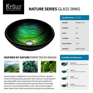 KRAUS Nei Glass Vessel Sink in Green with Waterfall Faucet in Oil Rubbed Bronze C-GV-391-19mm-10ORB