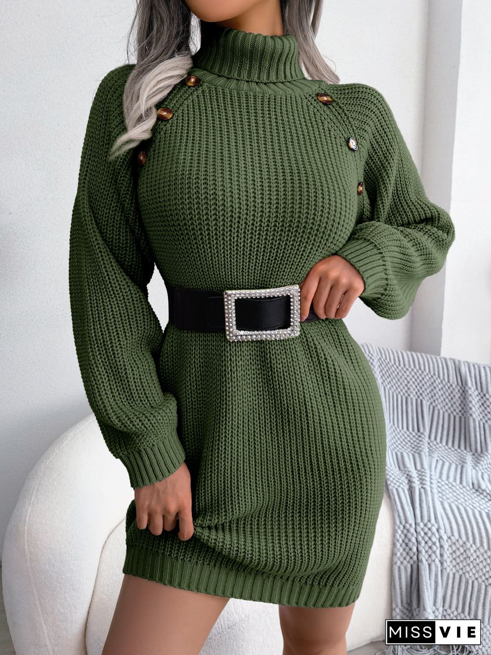 Knitted Sweater Dress For Women Autumn Winter New Casual Button High Neck Long Sleeve Mini Bottoming Sweater Dress