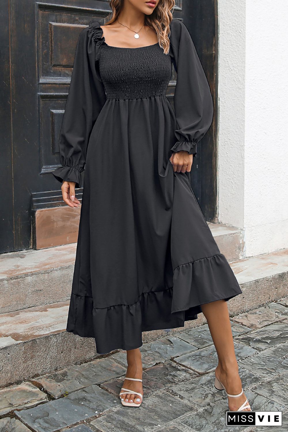 Smocked Square Neck Ruffles Maxi Dress