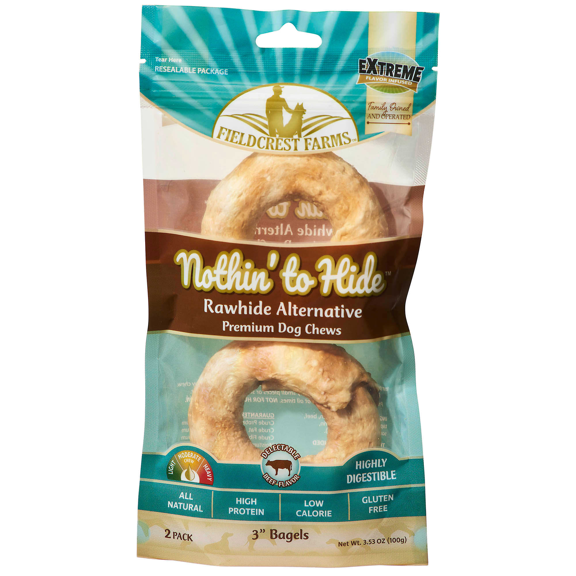 FIELDCREST FARMS Nothin' to Hide Bagels Beef Flavor Premium Dog Chews， 3.5 oz.， Pack of 2