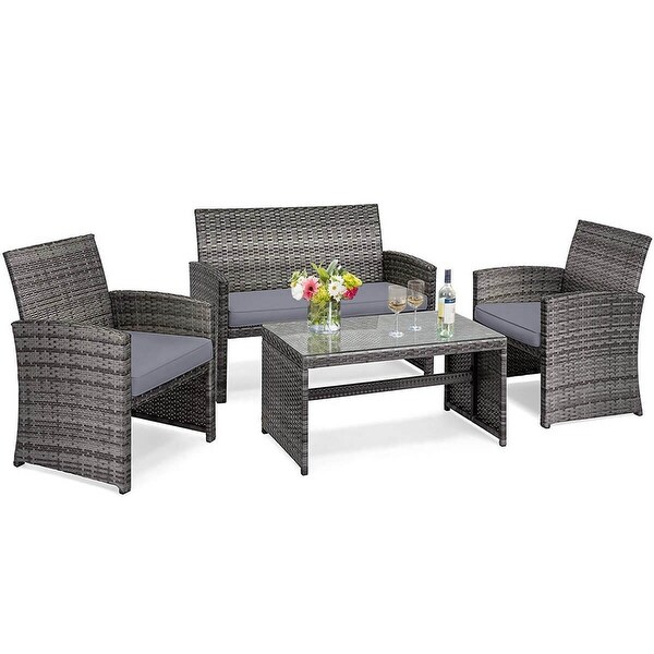 Costway 4PCS Patio Rattan Furniture Set Conversation Glass Table Top