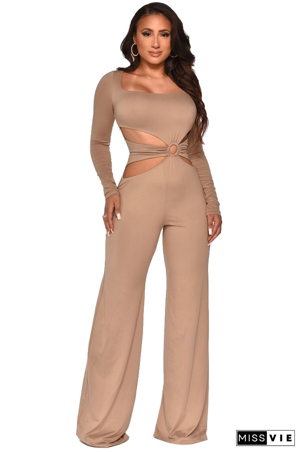 Hollow Out Square Neck High Waist Wide Leg Jumpsuit