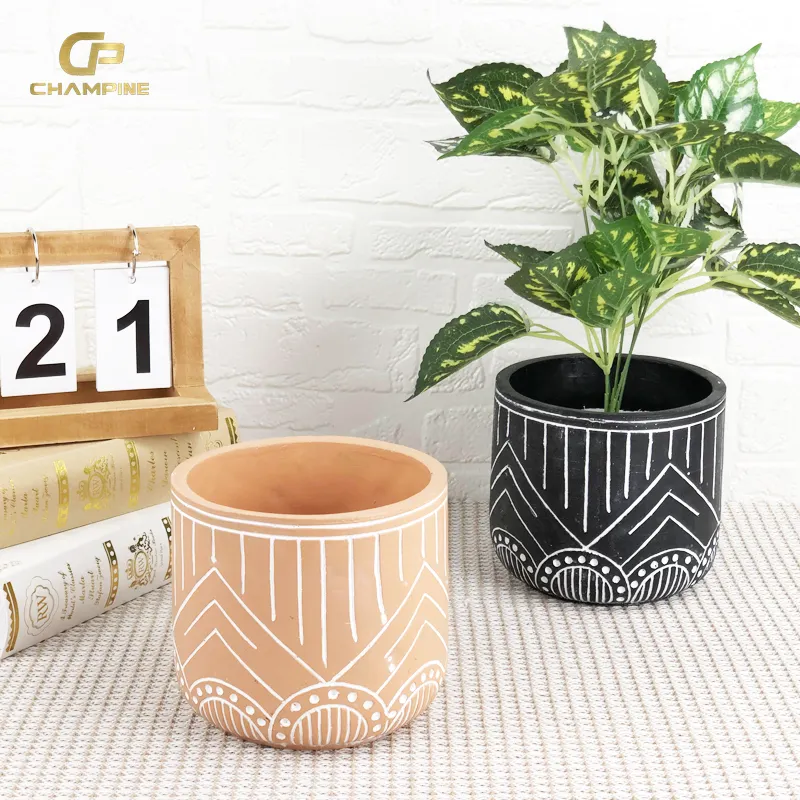 Factory Supply Cement Luxury Flower Pot Embossed Pattern Design Concrete Flower Pots   Planters Round