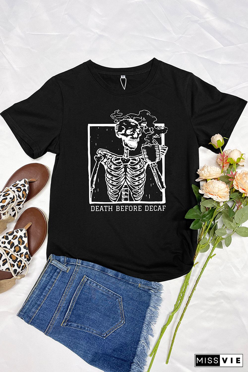 Skeleton Death Before Decaf Skeleton Drink Coffee Graphic T-Shirt Wholesale