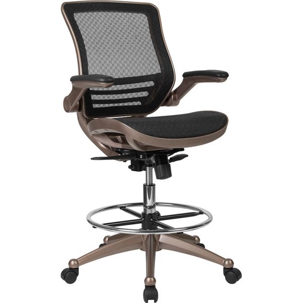 Waylon Mid-Back Transparent Black Mesh Drafting Chair with Melrose Gold Frame and Flip-Up Arms