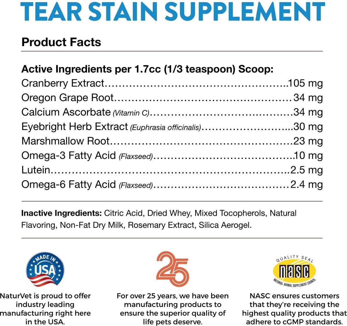 NaturVet Tear Stain Plus Lutein Powder Vision Supplement for Cats and Dogs