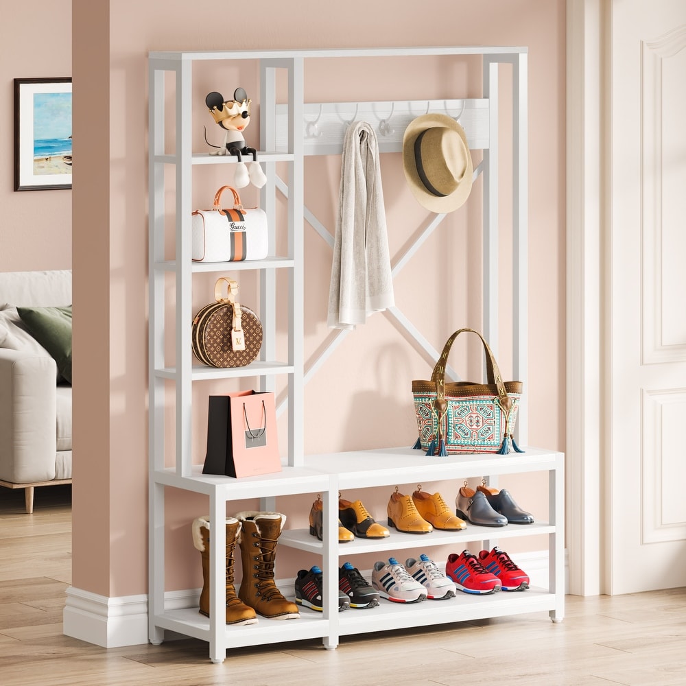 Entryway Hall Tree Coat Rack with Shoe Bench and Side Storage Shelves