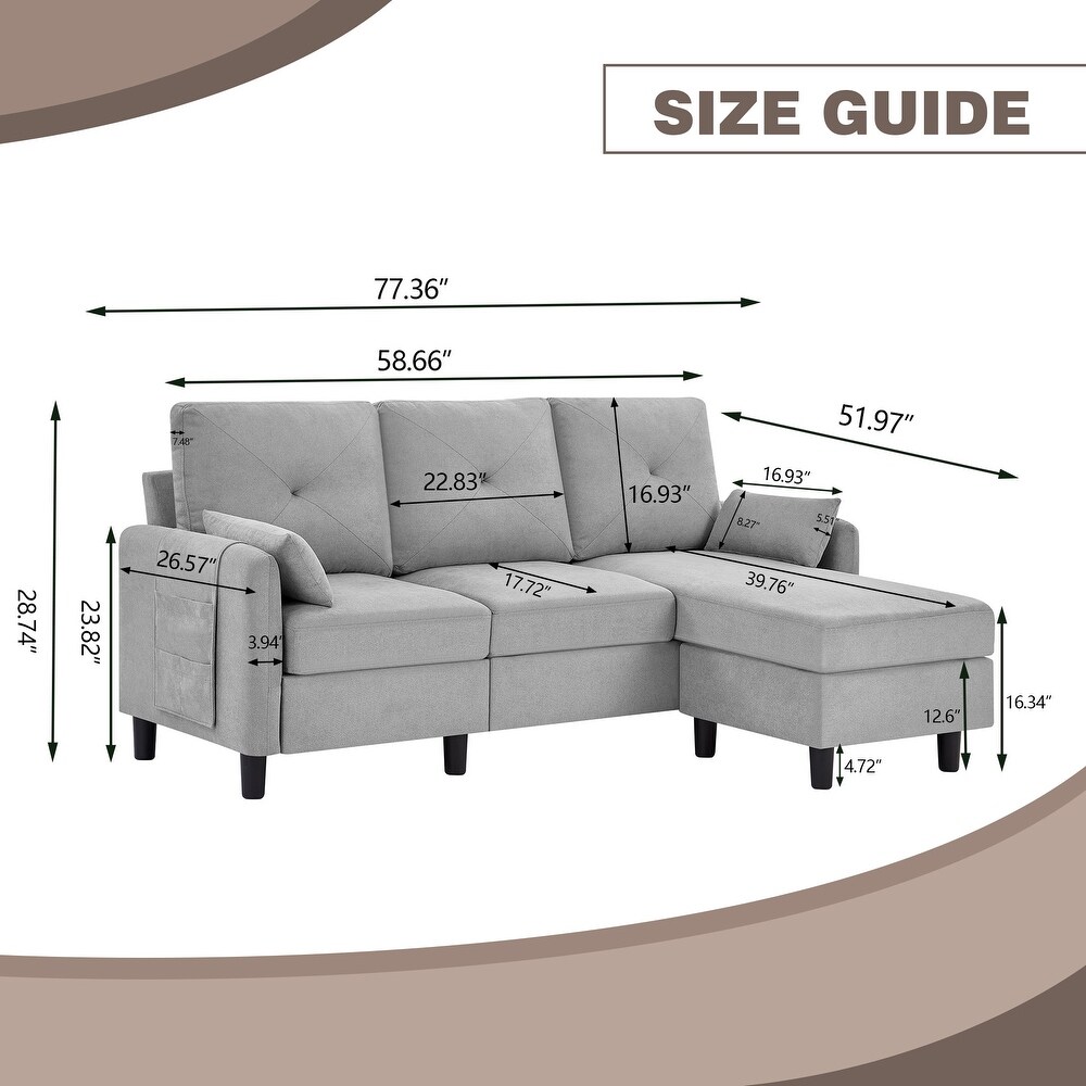 77.36 Inches Modern Sectional Sofa with Reversible Ottoman and Side Storage Pocket