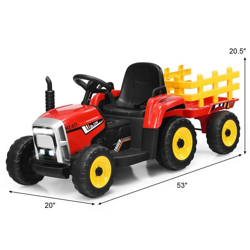 Kids Ride on Tractor w/Trailer 12V Battery Powered Electric Riding Toy Car Vehicle with 3-Gear-Shift Ground Loader