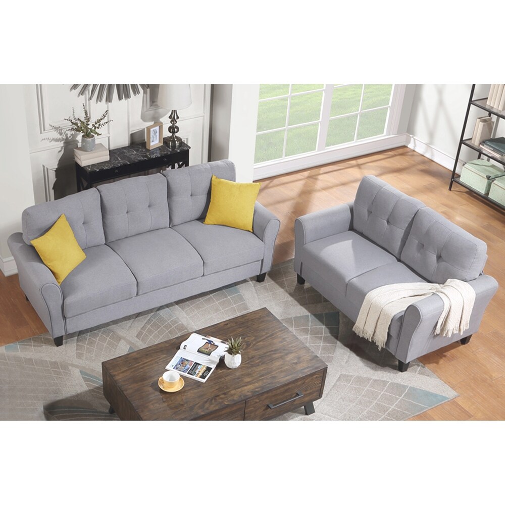 2 Piece Linen Upholstered Sofa Couch Set  Living Room Furniture Button Tufted Loveseat and Sofa Set for Dorm  Office or Studio