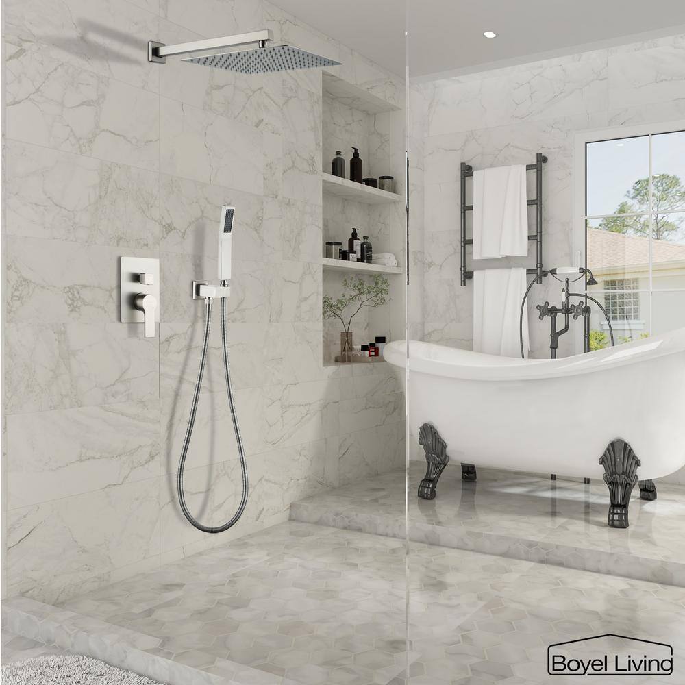 Boyel Living 1-Spray Patterns with 2.5 GPM 12 in. Wall Mount Dual Shower Heads with Pressure Balance Valve in Brushed Nickel SMD-88003BN