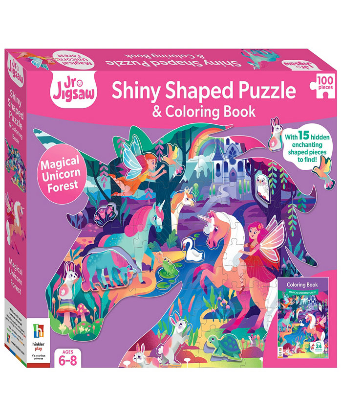 Jr. Jigsaw 100-Piece Jigsaw Puzzle Magical Unicorn Forest Shiny Shaped Puzzle Coloring Book 19.3 x 14.2 Fantasy Themed Jigsaw Unicorns And Fairies Coloring Books Kids Art And Craft Set